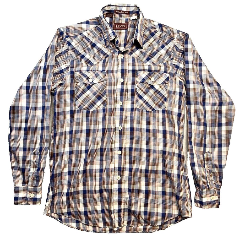 VTG Soft Levi's Men's M Pearl Snap Long Sleeve Blue Plaid Check Western‎ Shirt